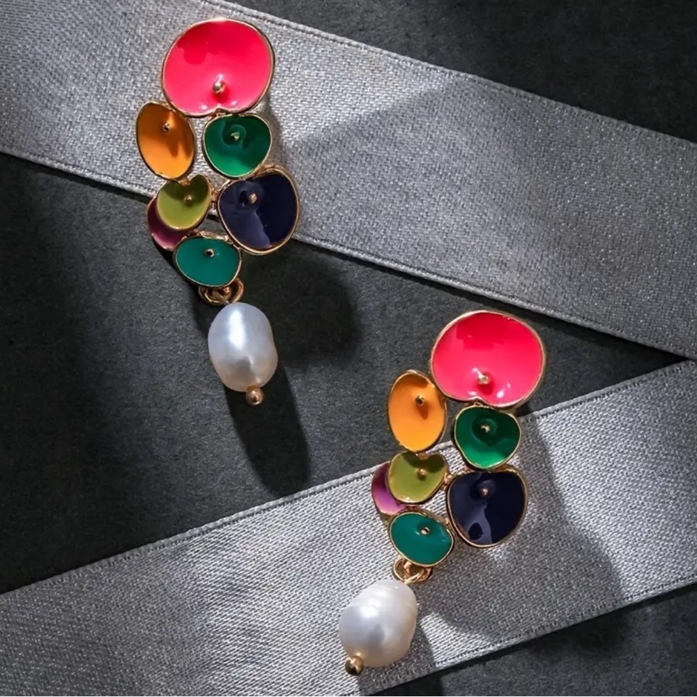 Colorful Enamel and Pearl Drop Earrings